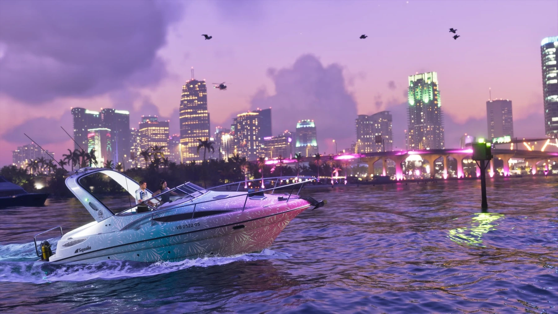 GTA 6でバイスシティのスカイラインの横を高速ボートが横切る