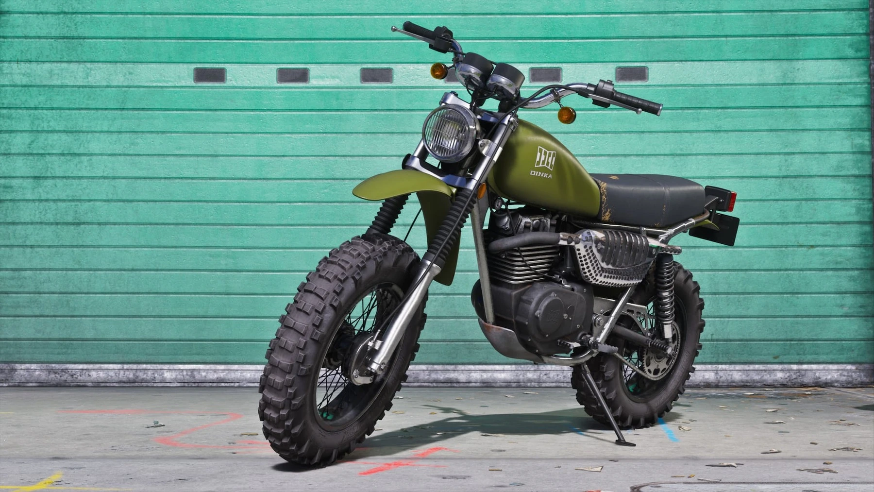 Een motor staat voor een garage in een officiële GTA 6-afbeelding