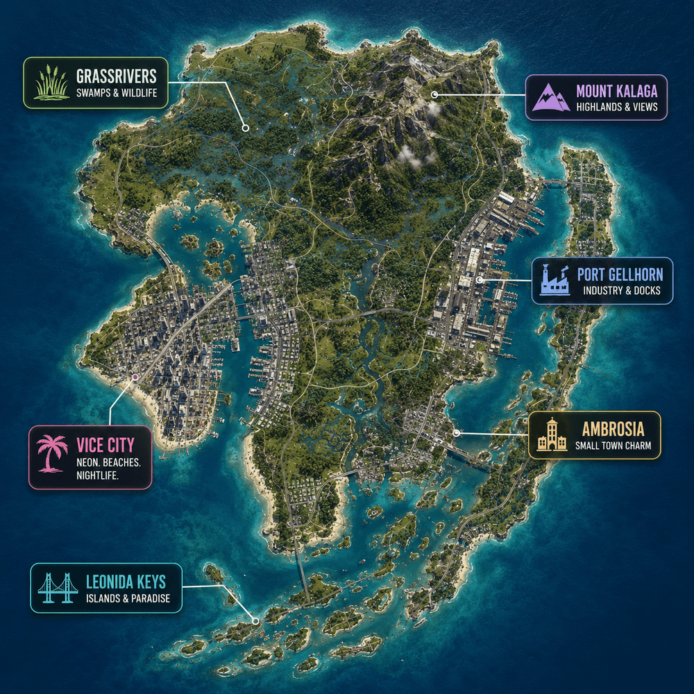 GTA 6-kart over Leonida: Vice City, Port Gellhorn, Mount Kalaga, Grassrivers, Ambrosia og Leonida Keys
