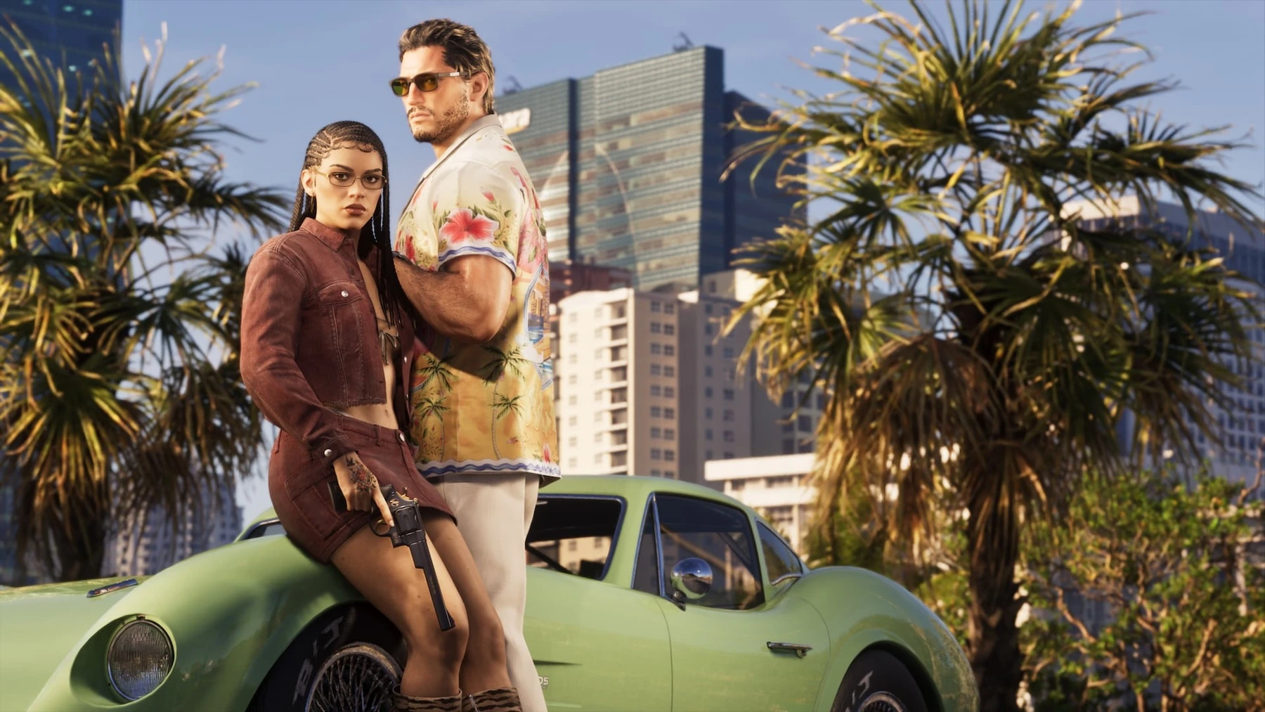 Jason e Lucia posam ao lado de um carro esportivo verde no GTA 6